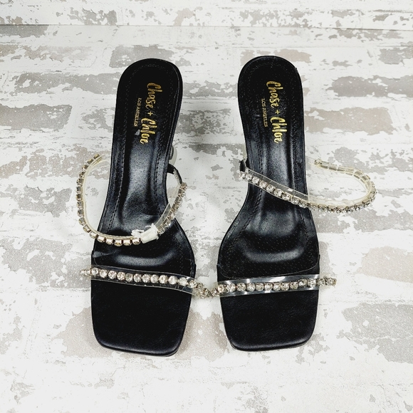 CHASE & CHLOE Double Rhinestone Pyramid Heel Sandal In Black Silver E92 - Picture 6 of 10